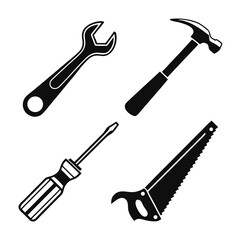 Black silhouette vector designs of four simple tools