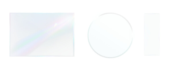 Holographic glass shapes isolated on white, minimal modern design.