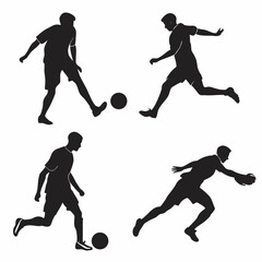 Four black silhouette soccer players in action football