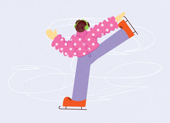 Girl ice skating in pink puffy sweater with snowflakes, lilac pants and orange skates, smiling in earmuffs. Winter outdoor fun, leisure activity. Vector illustration for festive card, banner, poster