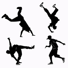Four black silhouette street dancers in dynamic poses