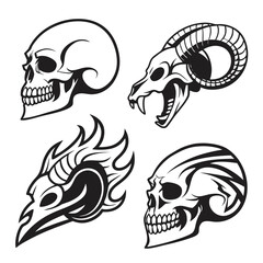 Four black silhouette vector designs of skulls and animal skulls