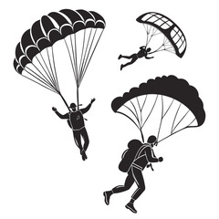Four black silhouette vector designs of skydivers skydiving 1