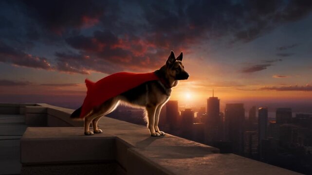 A majestic side view of a German Shepherd superhero dog with a cape, standing proudly on a skyscraper rooftop at sunset. An epic, fantasy-inspired cinematic shot