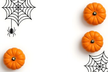 Halloween flat lay with orange pumpkins, black cobwebs and a hanging spider, leaving copy space on a clean white background.