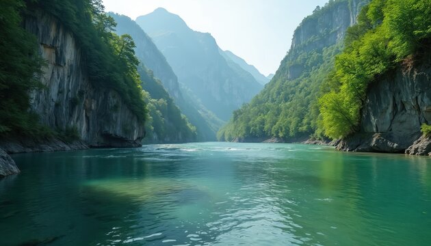 Clear river flows through deep gorge with steep rocky cliffs covered in rich green forest. Sunlight shines on water creating bright reflections. Mountains rise in background under hazy sky.
