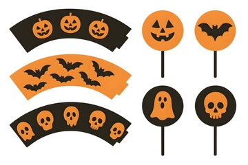 Halloween party set with round cupcake toppers and baking cups featuring ghost, pumpkin, witch, skull and haunted house. Flat black and orange  decorations on white.