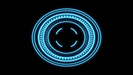 A glowing blue circular interface with segmented rings and digital elements rotates against a black background, suggesting futuristic technology and data processing - Powered by Adobe