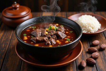 A steaming bowl of dark, rich beef soup with keluak nuts. It sits on a rustic wooden table next to whole nuts and a side of white rice