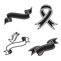 Four black silhouette ribbon designs and a dove banner