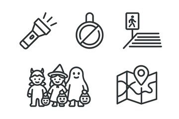 Halloween safety line icons flashlight, prohibition sign, crosswalk, trick-or-treat children with pumpkin buckets, map with location pin. Minimal black outline  set on white.