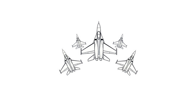 Line Art Drawing of Five Military Fighter Jets in Aerial Formation.