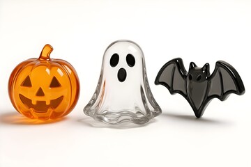 Glossy glass Halloween figurines: orange jack-o-lantern, clear ghost, and black bat on white background. 3D render with reflective surfaces, minimal style for seasonal design and party decor.