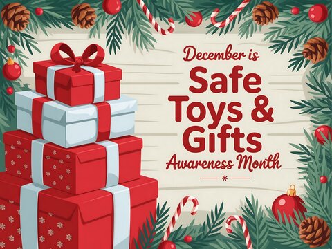 December is safe toys and gifts awareness month promoting child safety with festive holiday decorations and stacked presents