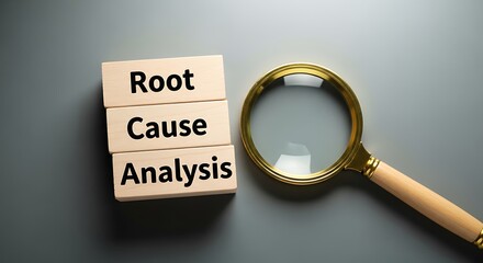 Root cause analysis concept with blocks and magnifying glass on a grey background