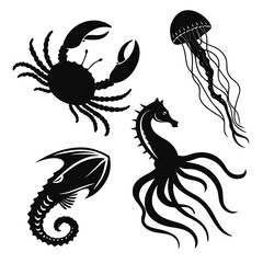 Four black silhouette vector designs of sea creatures 2