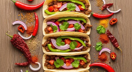 Fototapeta premium Stacked Tacos with Chili Peppers and Spices Mexican food