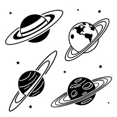 Four black silhouette vector planet designs with rings and stars