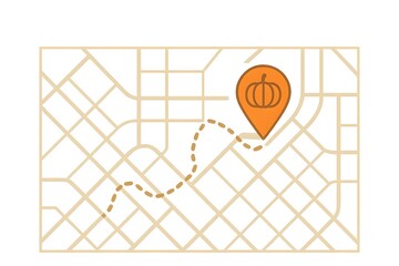 Halloween map with a dotted route to an orange location pin with a pumpkin icon. Minimal flat  city grid for trick-or-treat navigation, isolated on white.