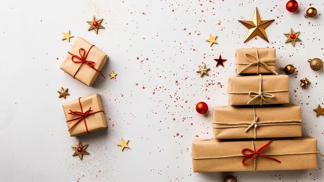 Christmas tree made of gift boxes and decorative star on white background. Top view, flat lay. Several boxes one above the other in the shape of a Christmas tree. Gifts for Christmas