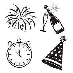 Black silhouette new year celebration icons fireworks champagne clock party hat