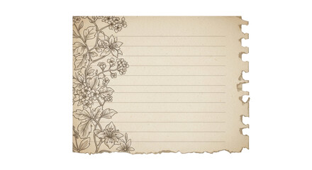 Obraz premium A piece of beige lined notebook paper with a floral botanical sketch on the left margin, torn right edge, realistic shadow, soft natural light, vintage stationery design, isolated element