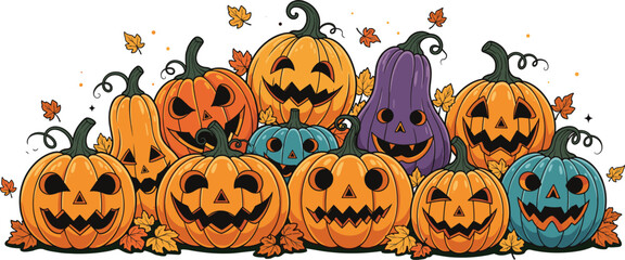 Halloween pumpkin collection, spooky jack o lantern faces with autumn leaves, colorful cartoon harvest design for festive decoration, detailed vector illustration