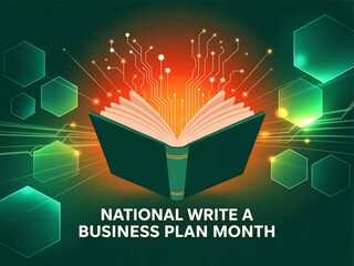 Open book with glowing digital circuits and abstract geometric shapes symbolizing innovation and business planning