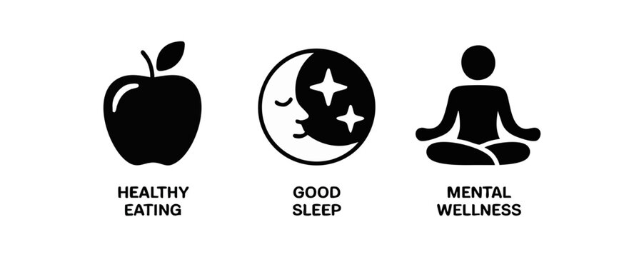 Three icons representing healthy eating, good sleep, and mental wellness.