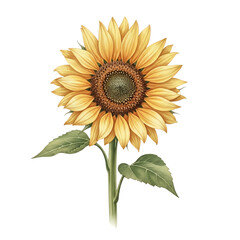 Fototapeta premium Watercolor sunflower stands tall with green leaves against white backdrop, showcasing botanical beauty and summer's warmth in a simple, elegant style.