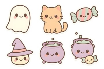 Kawaii Halloween stickers: smiling ghost, cat, candy, witch hat, and bubbly cauldrons in pastel colors. Cute  icons for kids, party decor, and print.