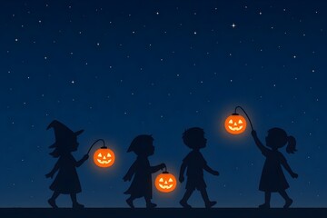 Kids in costume silhouettes walk at night, holding glowing pumpkin lanterns under a starry sky. Halloween parade scene with festive autumn mood.