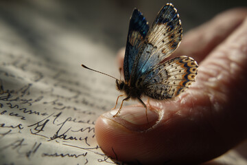 
"A butterfly perched on a poet’s ink-stained finger, words from a sonnet swirling in the air