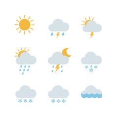 Fototapeta premium A collection of nine colorful flat design weather icons depicting various atmospheric conditions.
