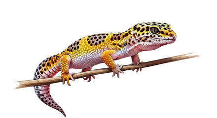 Leopard gecko resting on a small branch against a white backdrop, showcasing its vibrant yellow and black spotted pattern in a studio setting.