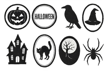 Set of vintage Halloween icons: jack-o-lantern, raven, witch hat, haunted house, black cat, moon tree, spider. Grunge ink texture silhouettes in oval stamp frames, black on white.