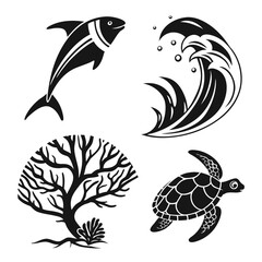 Four black silhouette ocean elements fish wave coral turtle