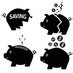 Four black silhouette piggy bank designs with money and savings