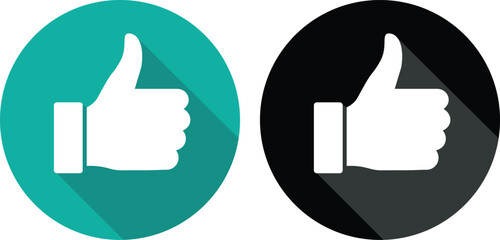 Two flat design thumbs up icons one teal one black with shadows like icon approval