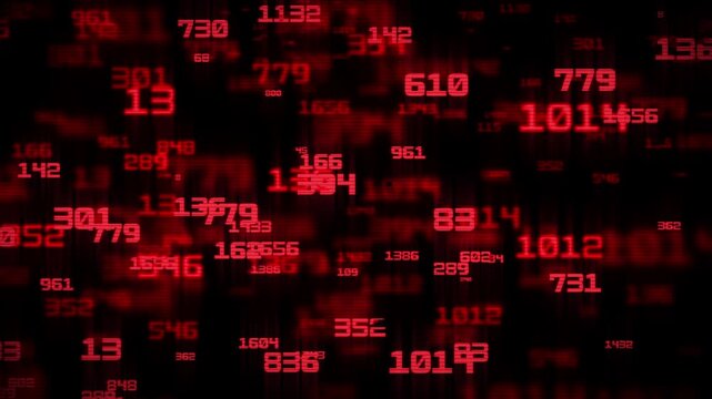 Hacking background. Red numbers pattern. Digital code and numbers on computer. Activity and analysis.