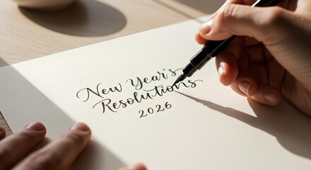 New Year’s resolutions 2026 handwritten on a piece of paper for motivation and planning visuals. Paper sheet with handwritten New Year’s resolutions for inspirational designs. New Year goals 