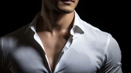 Upper body of man in fitted white shirt, confident