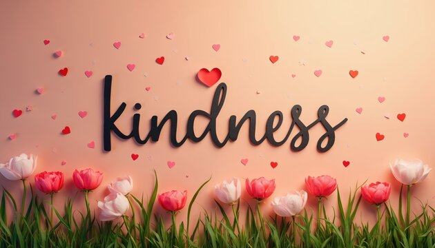 Text says kindness with red and pink hearts scattered on pink background. Tulips and green grass grow below. Gentle colors suggest love and care. - Powered by Adobe