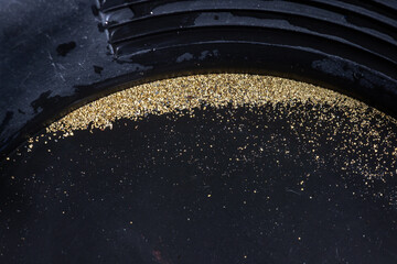 Closeup view of gold flakes collected in a black panning pan. Shiny metallic particles representing mining, prospecting, natural resources, and the search for wealth and treasure.