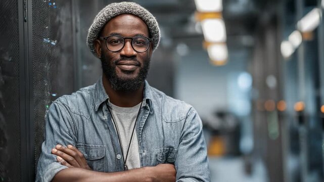 A Confident Professional in a Modern Tech Environment: Portrait of a Man with Glasses and Beard in a Server Room - Powered by Adobe