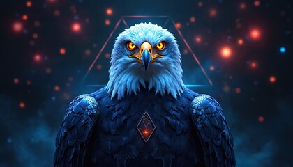Majestic eagle portrait, digital art, abstract background with neon lights, geometric shapes, cosmic theme. Fierce bird with yellow eyes, sharp beak, dark feathers.