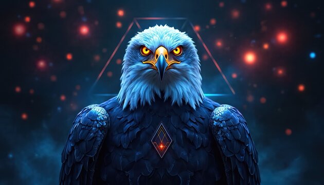 Majestic eagle portrait, digital art, abstract background with neon lights, geometric shapes, cosmic theme. Fierce bird with yellow eyes, sharp beak, dark feathers.