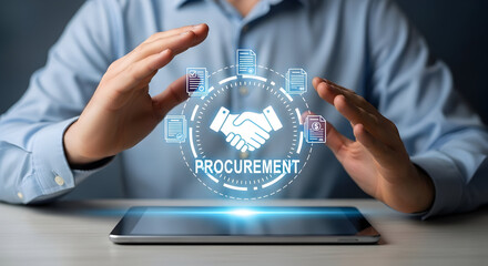 Businessman protecting procurement process with digital handshake icon
