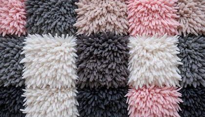 Close up textured background of shaggy shag rug with pastel and neutral colors