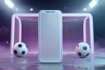 A smartphone with a blank screen stands center-stage before a soccer goal, flanked by two soccer balls under neon lighting, creating a vibrant, digitally rendered scene